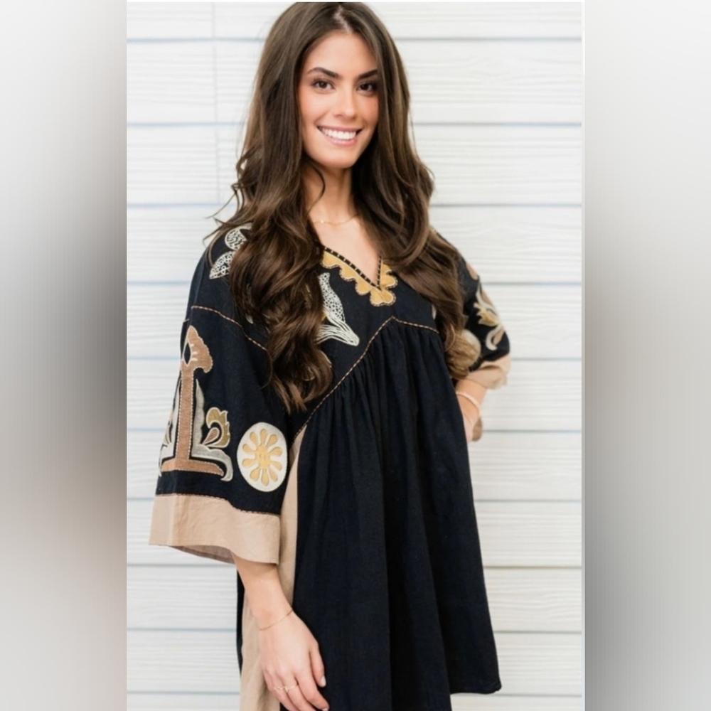 Easel Black and Tan Embroidered Dress